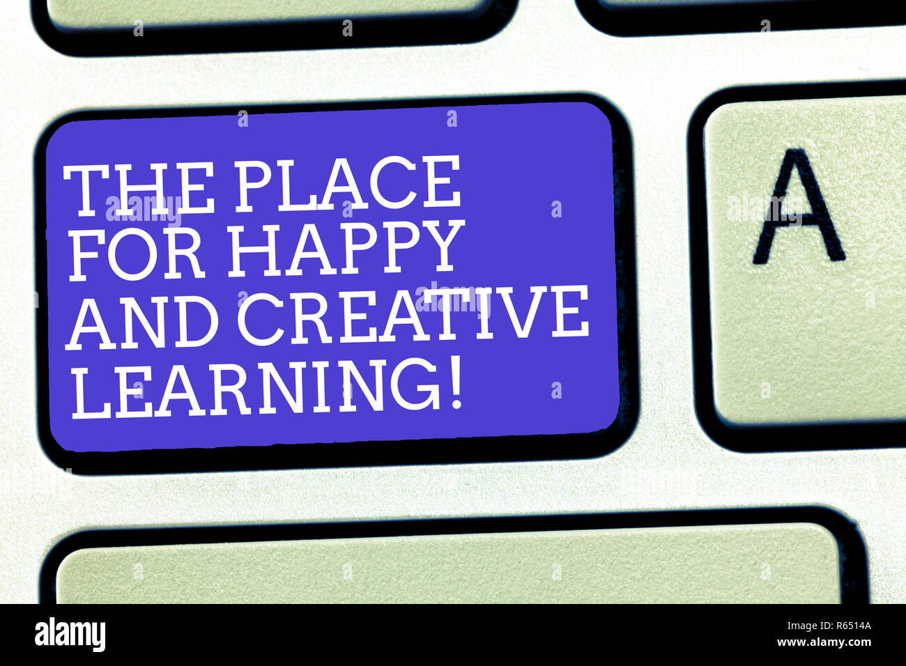 Text sign showing The Place For Happy And Creative Learning. Conceptual photo Good school new education ideas Keyboard key Intention to create compute Stock Photo