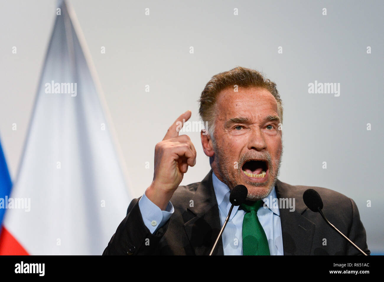 Austrian-American actor and former governor of California, Arnold Schwarzenegger seen speaking during the ceremonial conference opening of the COP24 UN Climate Change Conference 2018. Stock Photo