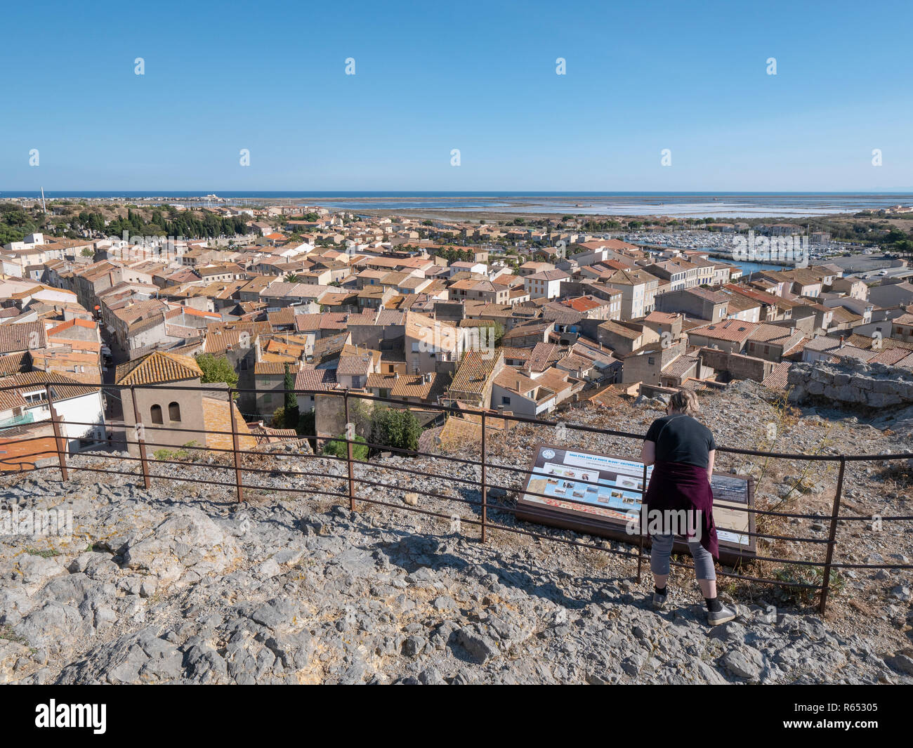 Rooftop view of Gruisson, southern France, from high viewpoint looking across the town to Gruisson Plage and the Mediterranean Stock Photo