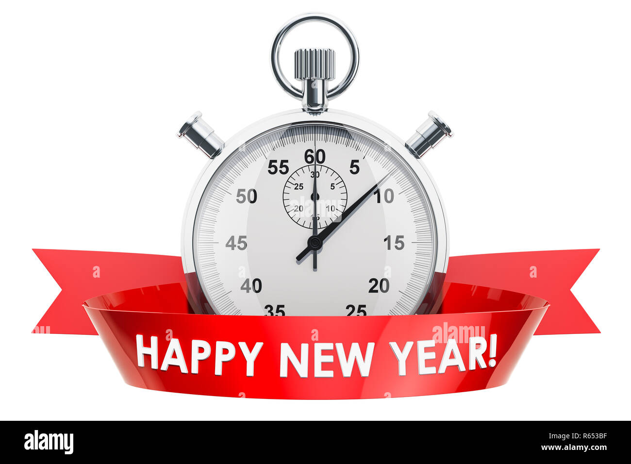 Happy New Year concept with stopwatch and text on the red ribbon, 3D