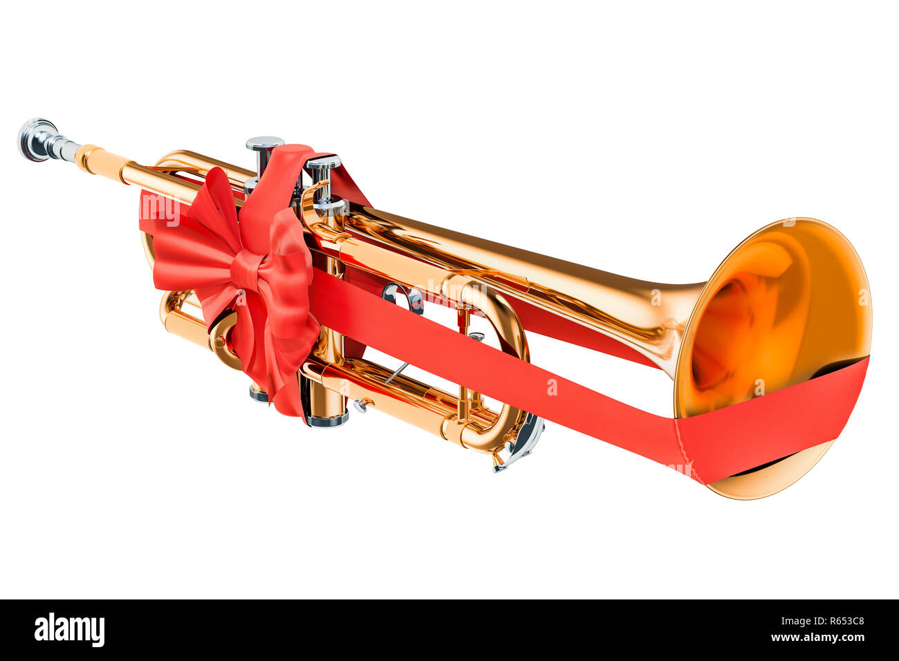 Trumpet with bow and ribbon, gift concept. 3D rendering isolated on white background Stock Photo