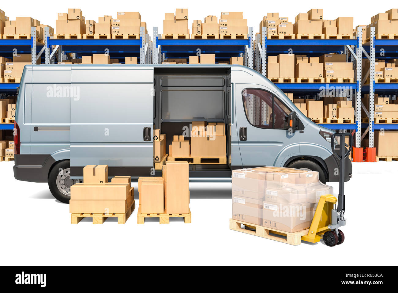 Warehouse, delivery van with parcels and pallet truck with cardboard