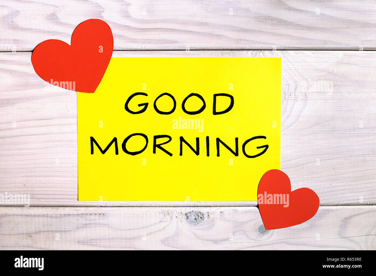 Text good morning with heart shapes on wooden table Stock Photo ...