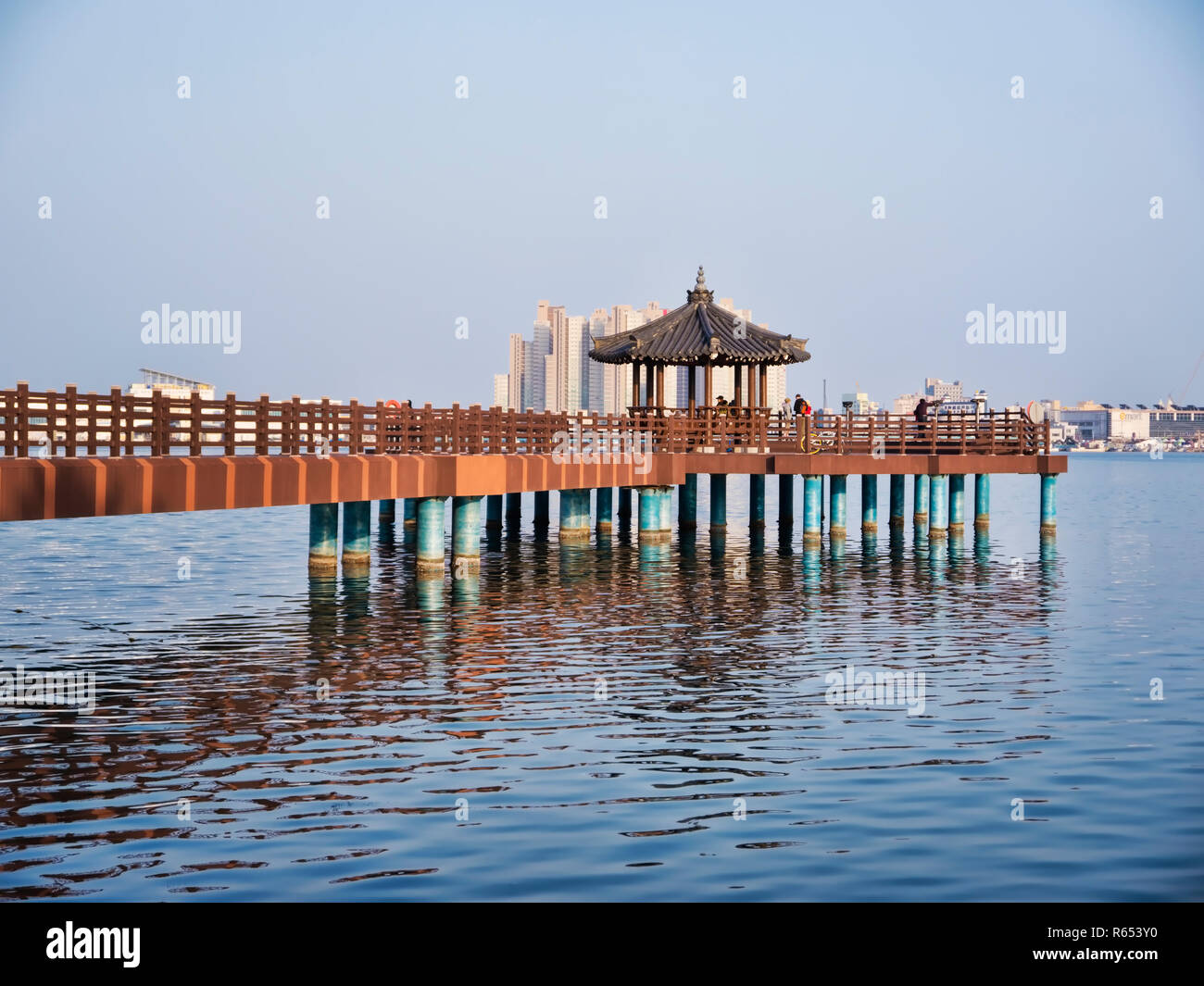 Korean traditional pavilion on the big pier. Sokcho city, South Korea