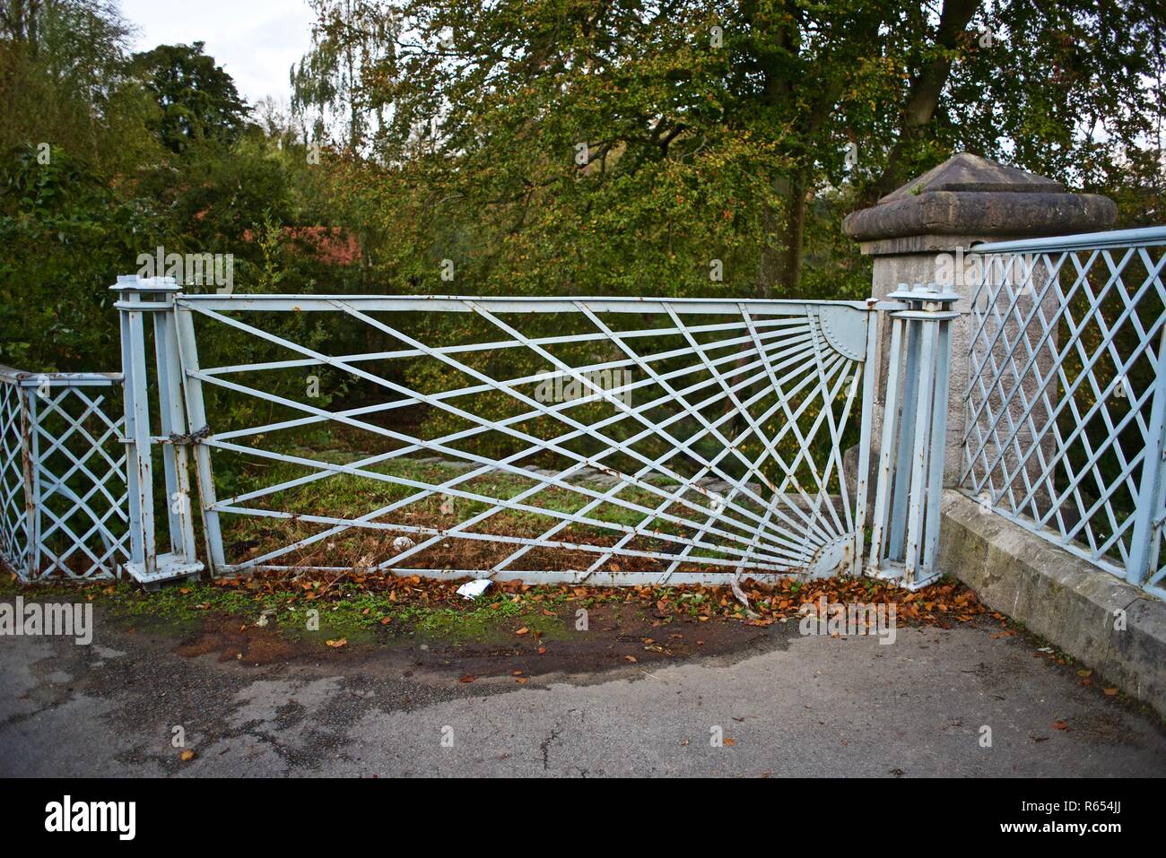 1930s Art Deco steel gates and detail of the Menai Suspension Bridge