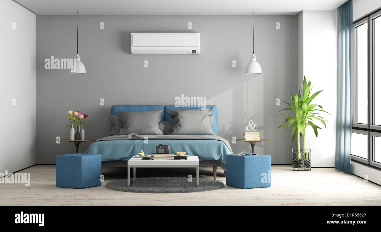 Gray and blue master bedroom Stock Photo - Alamy