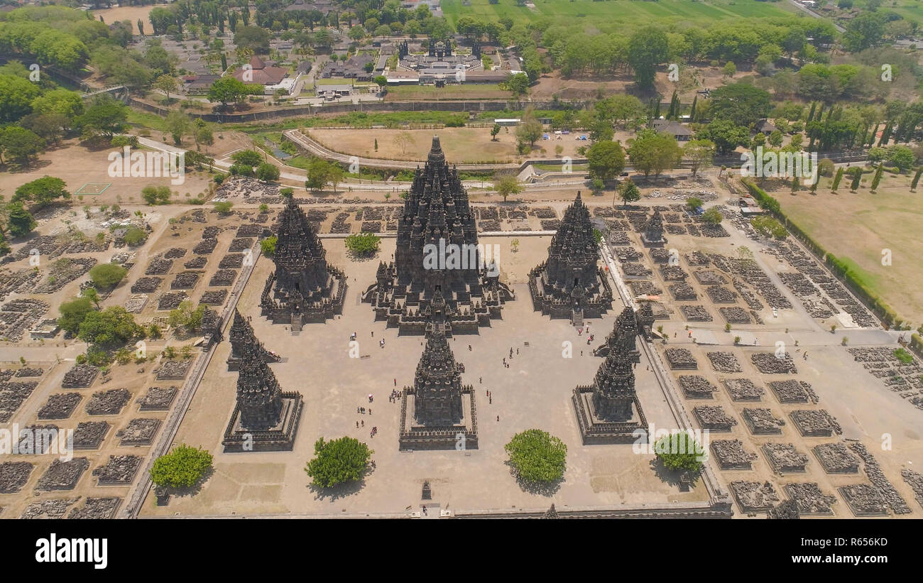 aerial view hindu temple Candi Prambanan in Indonesia Yogyakarta, Java. Rara Jonggrang Hindu temple complex. Religious building tall and pointed architecture Monumental ancient architecture, carved stone walls. Stock Photo