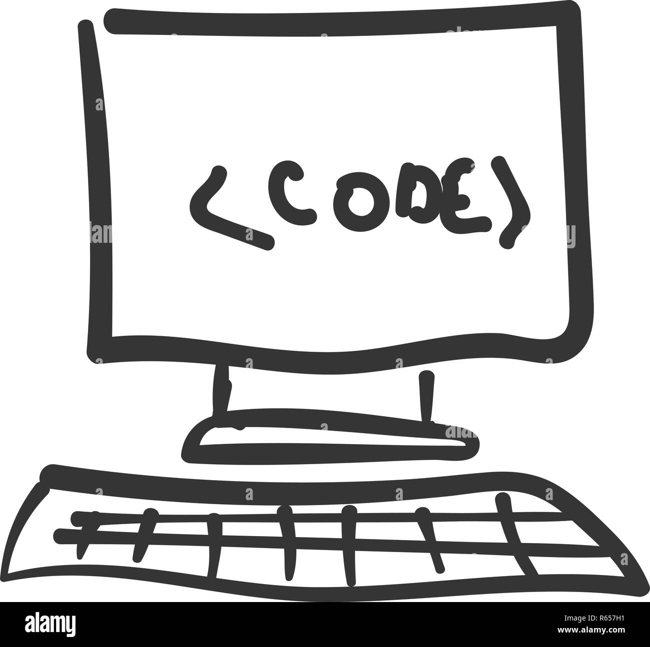 Computer display, program code. Children s drawing doodle Stock Vector