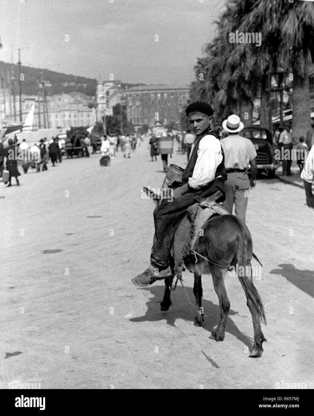 1939 Street Scene & Man with Donkey, Dalmatian Coast Stock Photo