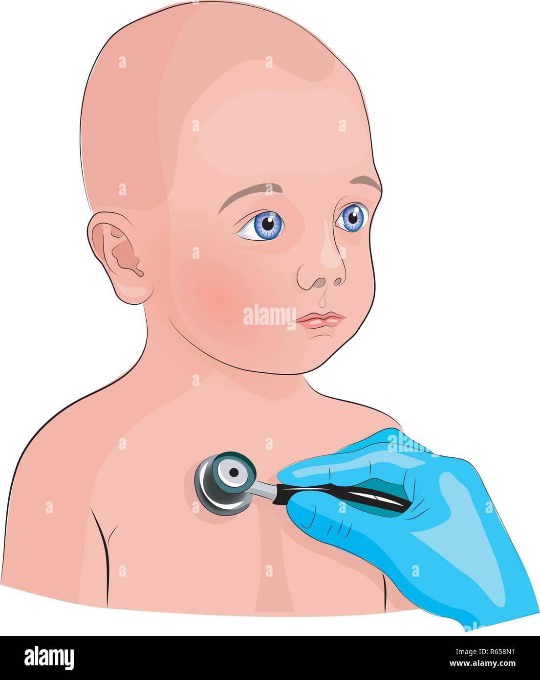illustration of a child and hands of a doctor that listens to children s lungs Stock Vector