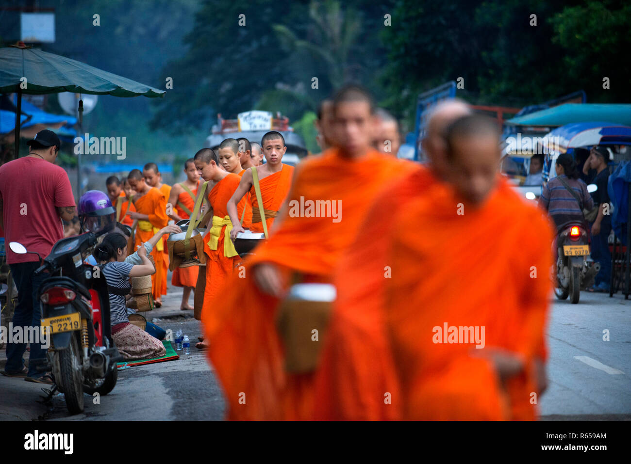 Tak bat ritual - Buddhist monks receive rice and food from pupulation in early morning in Luang Prabang , Laos, Asia Stock Photo