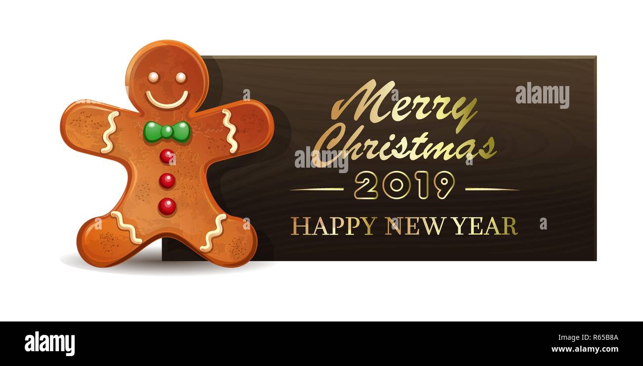 Wooden Banner With Gingerbread Man For New Year 2019 Merry