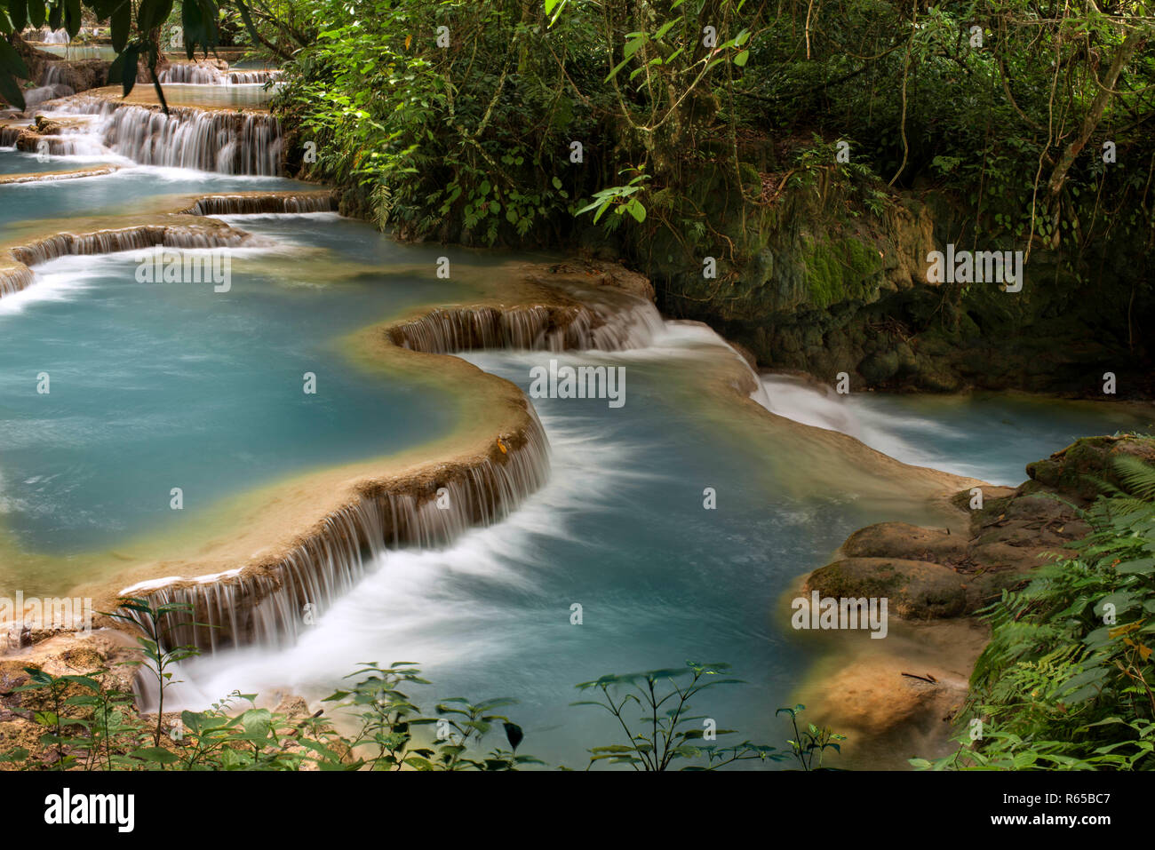 Waterfalls at the Tat Kuang near Luang Prabang in Laos. Stock Photo