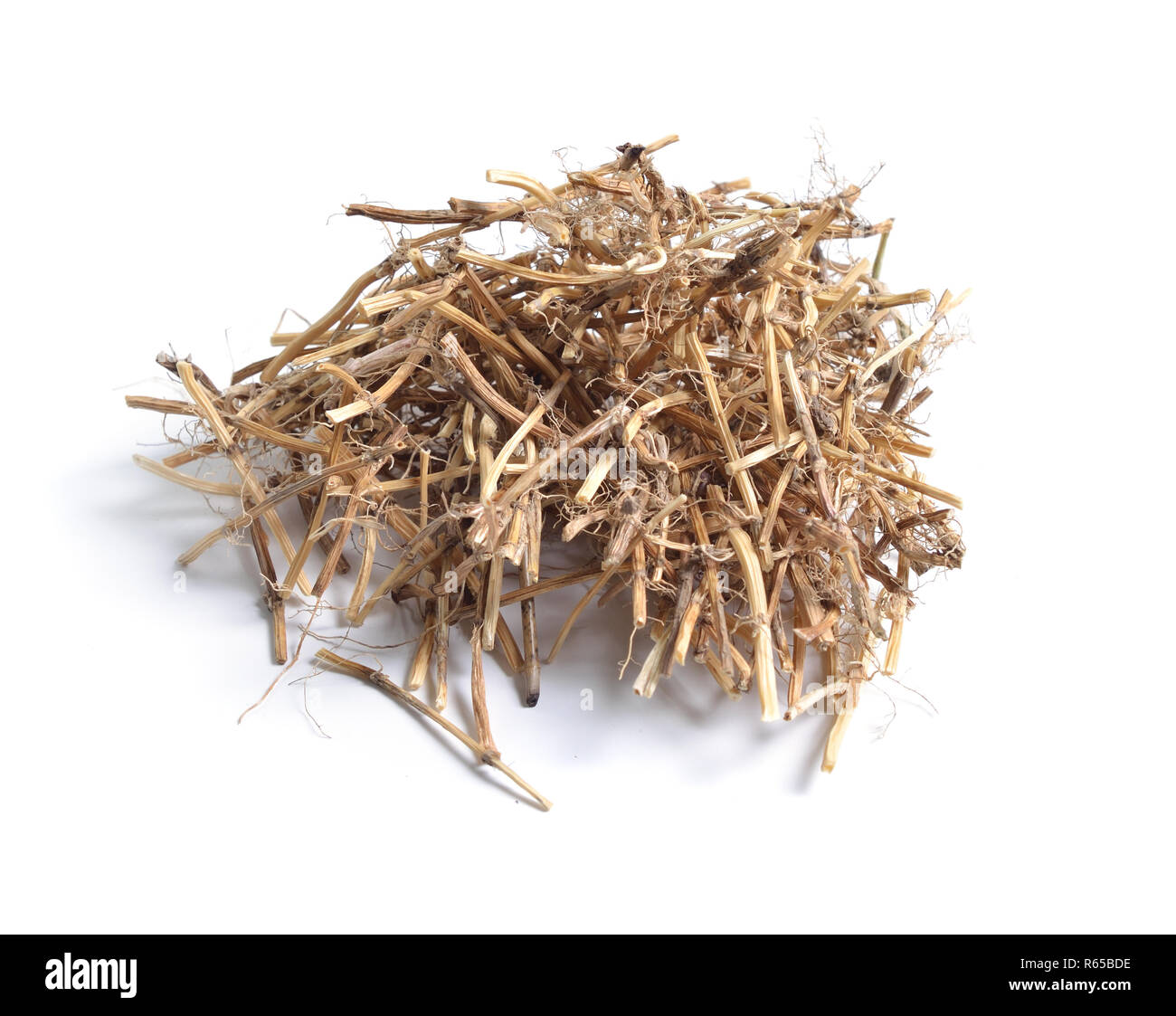 Dried medicinal herbs raw materials isolated on white. Root of Elytrigia. Stock Photo