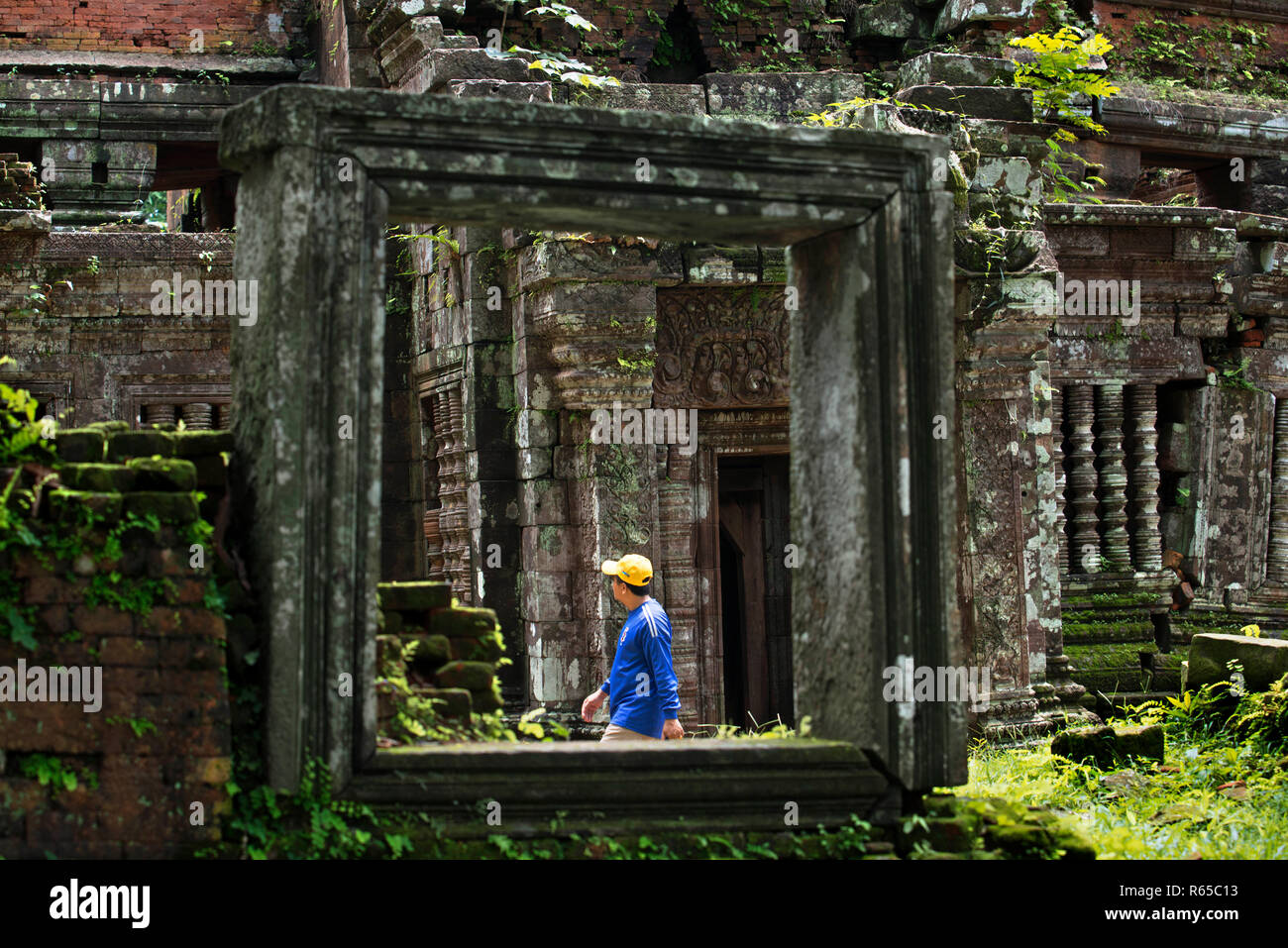 Tourist in the Palace Wat Phu Champasak Laos Stock Photo