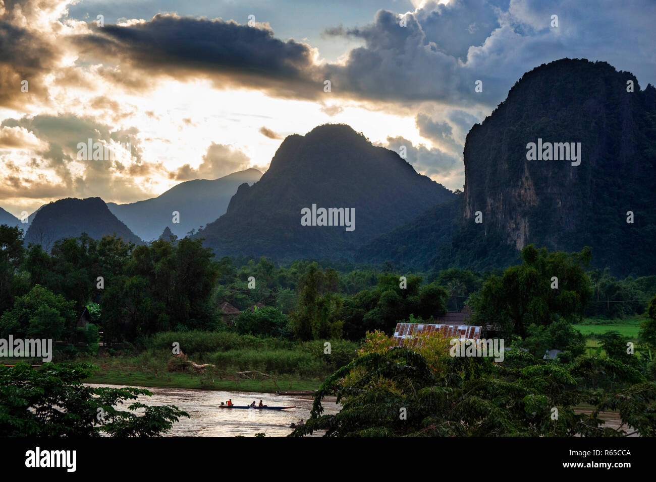 Nam Song river next to Vang Vieng village, Laos Stock Photo