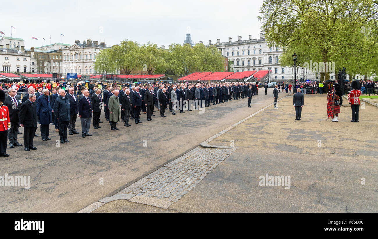 London, UK - April 29, 2018: Veterans and soldiers pay tribute to all those who have lost their lives during all conflicts from first world war to pre Stock Photo