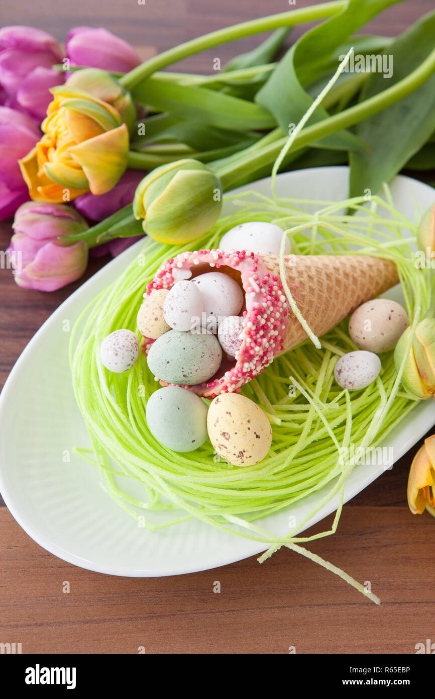 easter eggs in waffle duck Stock Photo