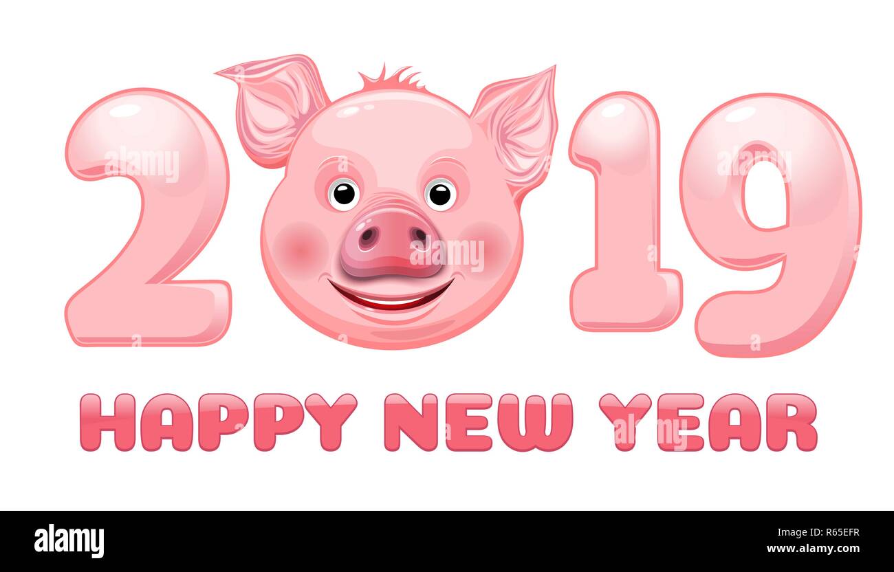 Happy Chinese New Year 2019 Greeting Card With Cute Boy Girl And Pig