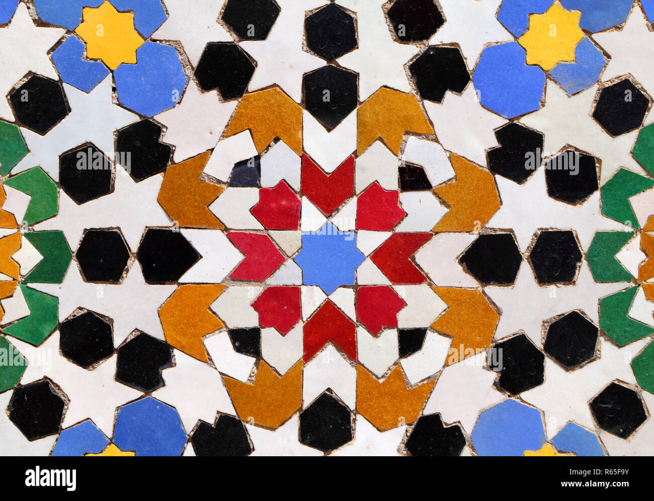 Morocco Marrakesh Typical old colorful Arabesque - Mauresque glazed ceramic wall tiles. Stock Photo
