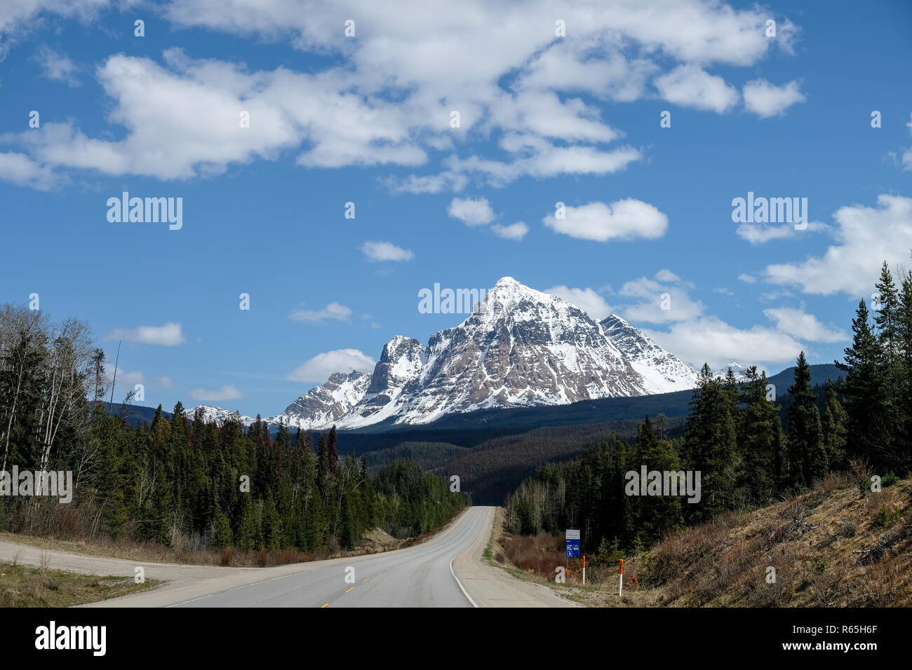 Road with a view of a snow mountain - ⁨Mount Robson Provincial Park⁩, ⁨Kanada⁩ Stock Photo