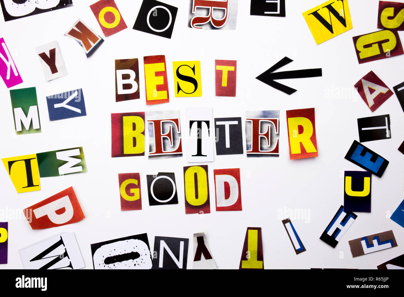 A word writing text showing concept of Best Better Good made of different  magazine newspaper letter for Business case on the white background with  copy space Stock Photo - Alamy