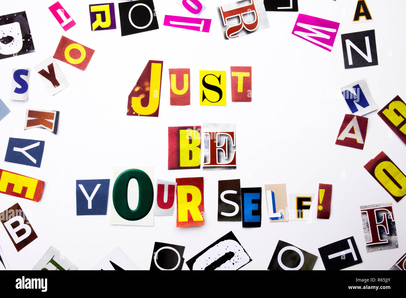 A word writing text showing concept of Just Be Yourself made of different magazine newspaper letter for Business case on the white background with copy space Stock Photo