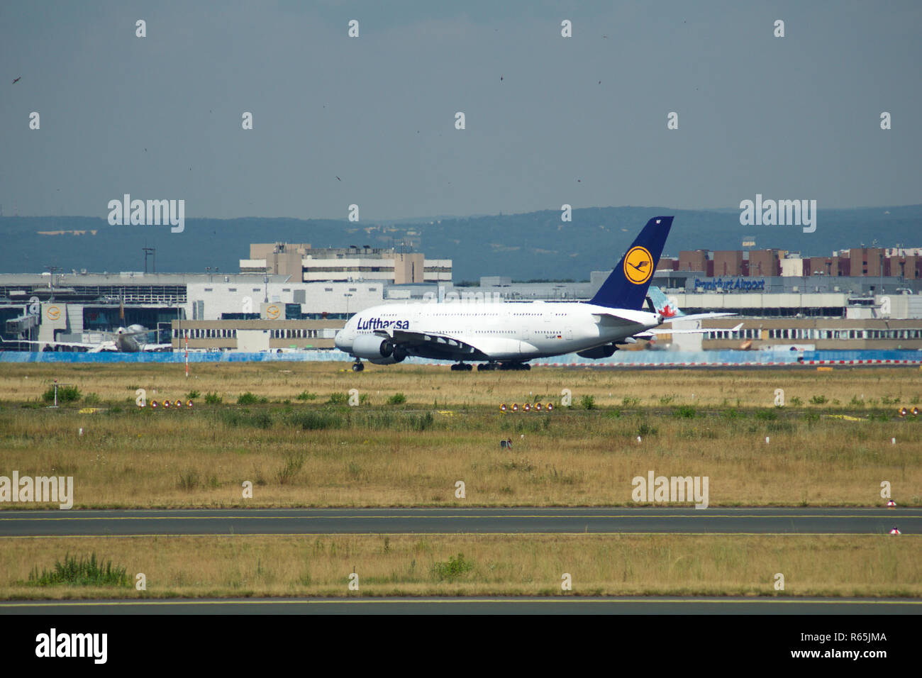FRANKFURT, GERMANY - JUN 09th, 2017: Lufthansa Airbus A380 MSN 66 - D-AIMF aircraft takeoff from the airport. A380 is the flagship of Lufthansas airplane fleet Stock Photo