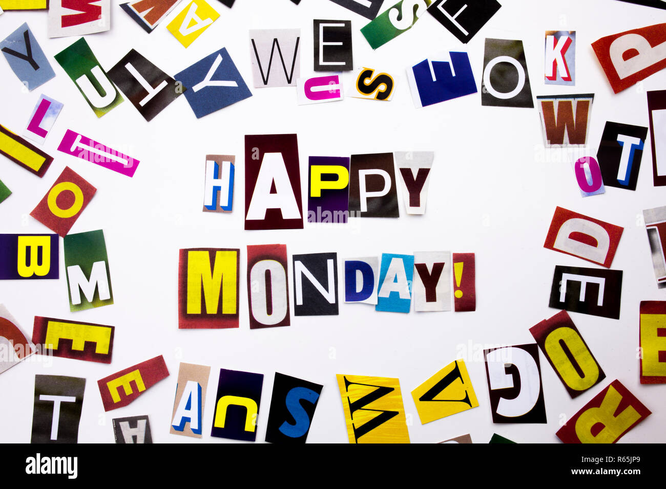 A word writing text showing concept of Happy Monday made of different magazine newspaper letter for Business case on the white background with copy space Stock Photo