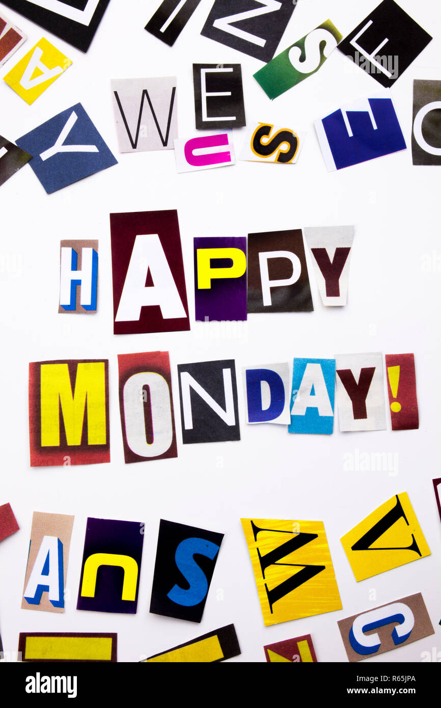 A word writing text showing concept of Happy Monday made of different magazine newspaper letter for Business case on the white background with copy space Stock Photo