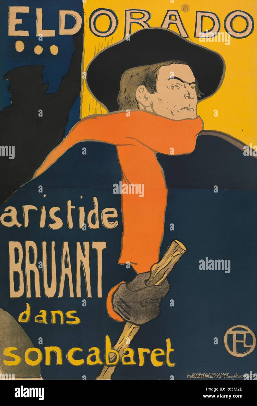 Poster for the performance of Aristide Bruant in the Café-concert Eldorado. Dimensions: 144 cm x 98 cm, 137 cm x 93.5 cm, 151.5 cm x 105.7 cm. Museum: Van Gogh Museum, Amsterdam. Author: de Toulouse-Lautrec, Henri. Stock Photo
