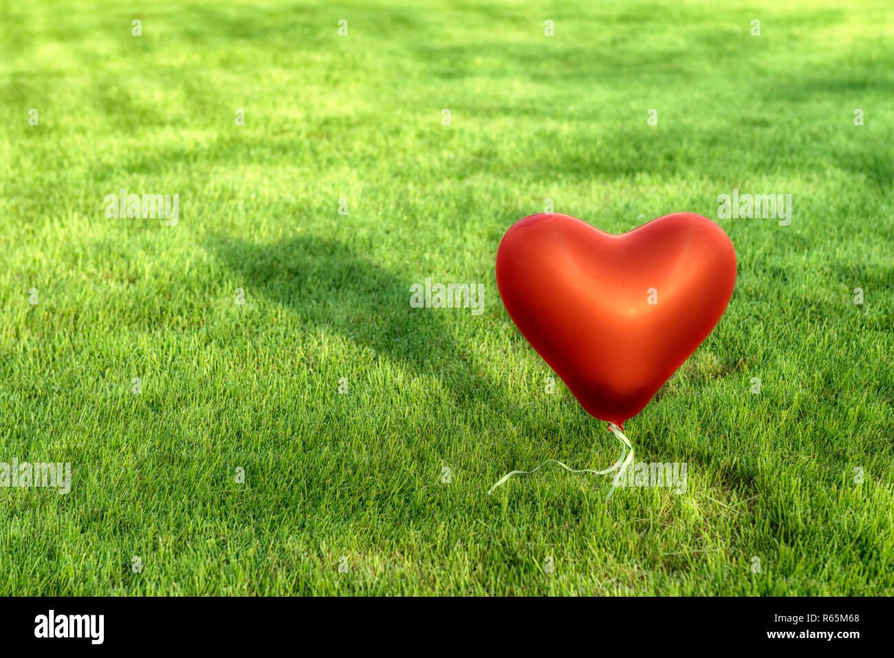 heart shaped red balloon in front of green meadow Stock Photo