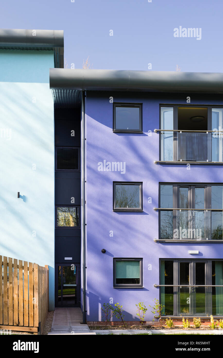Mauve And Aqua Coloured Render Cladding On Modern Student Accommodation Building In Birmingham With Grey Aluminium Roof Door Windows And Balconies Stock Photo Alamy