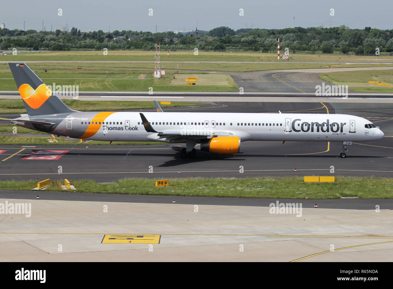 German Condor Boeing 757-300 with registration D-ABOF on taxiway of Dusseldorf Airport. Stock Photo
