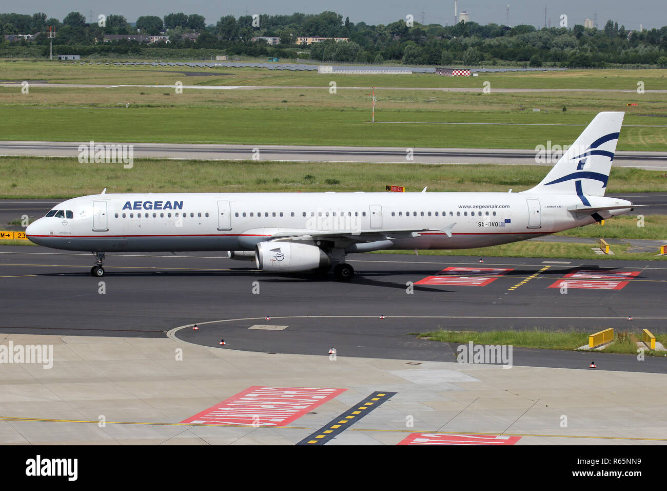 Greek Aegean Airlines Airbus A321-200 with registration SX-DVO on taxiway of Dusseldorf Airport. Stock Photo