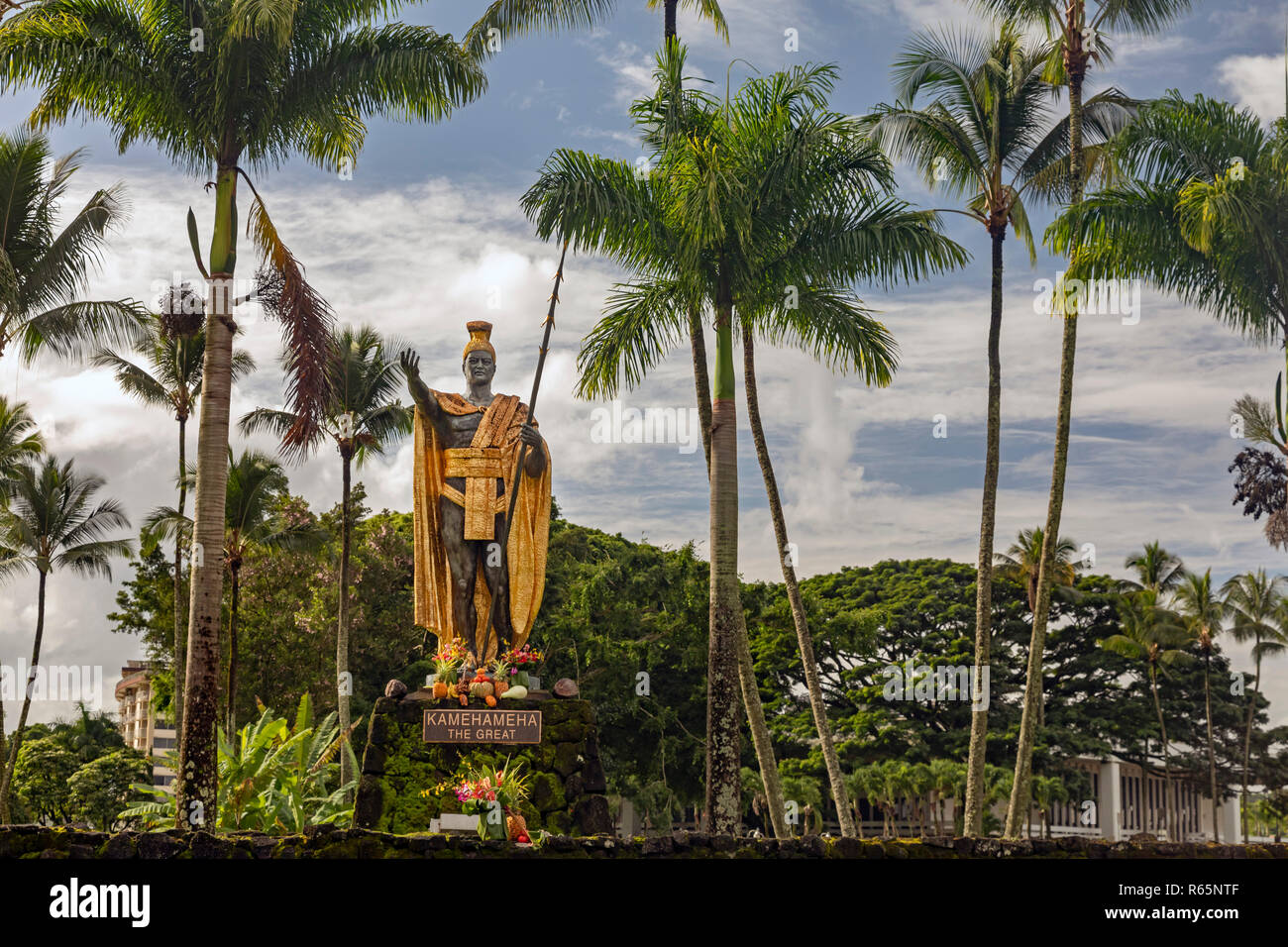 Hilo, Hawaii - A statue of Kamehameha the Great in Wailoa River State Park. Kamehameha unified the Hawaiian islands into the Kingdom of Hawaii in 1810 Stock Photo