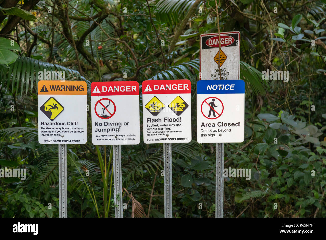 Hilo, Hawaii - Warning signs at Rainbow Falls. Stock Photo