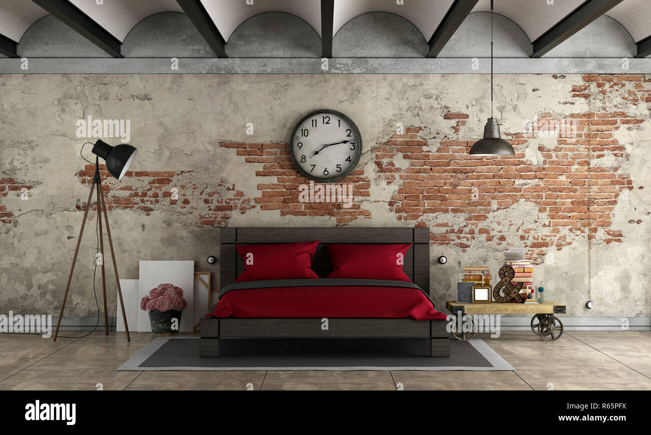 Master Bedroom In Industrial Style Stock Photo 227550174