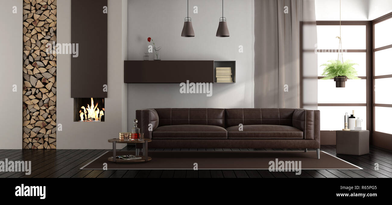 Modern living room with fireplace Stock Photo