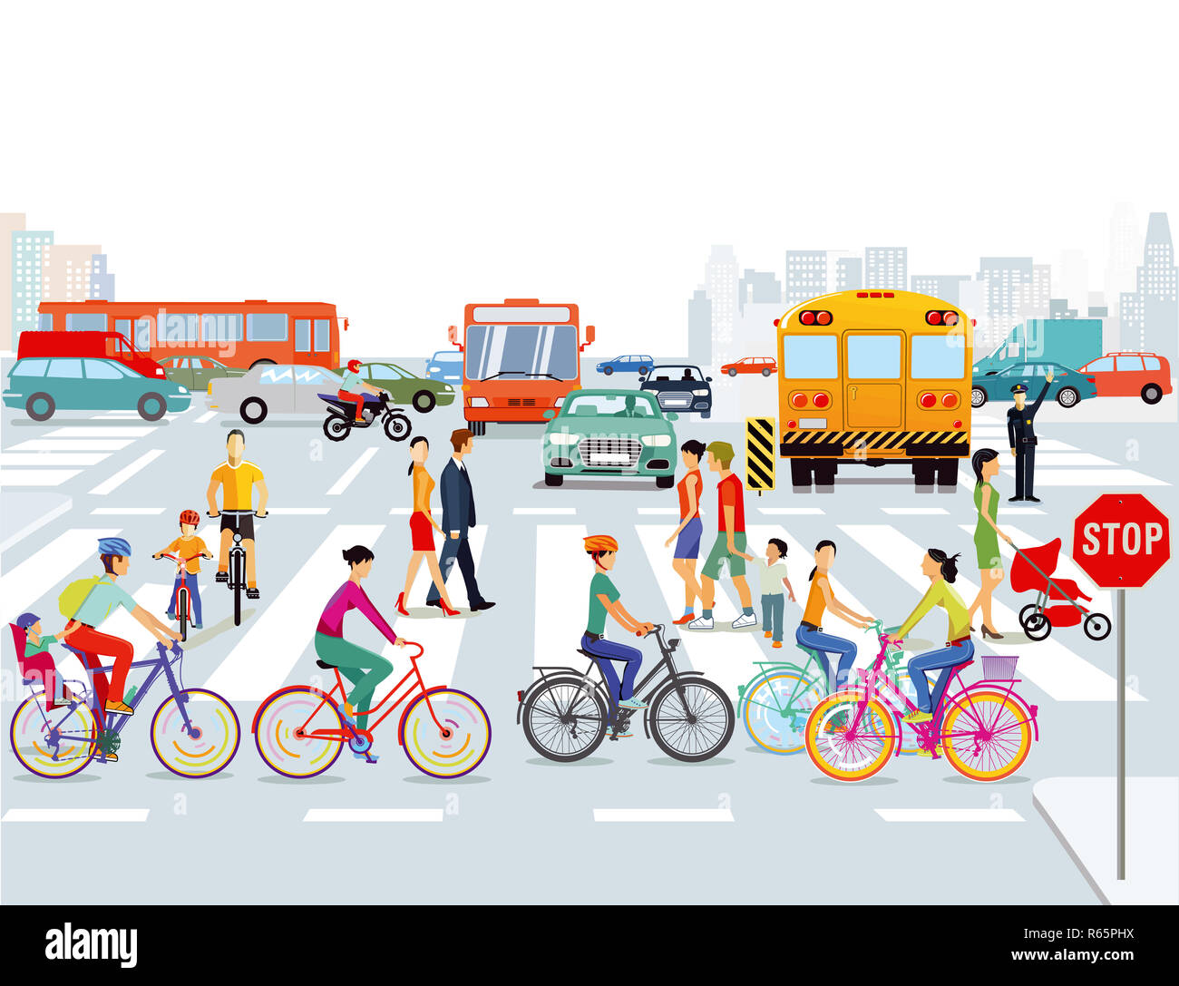city with cars,cyclists and pedestrians Stock Photo - Alamy