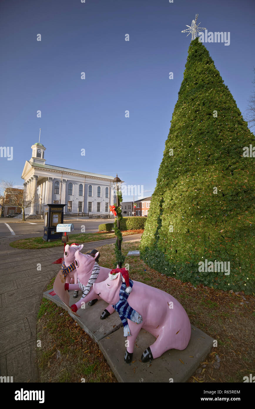 Lexington, NC Christmas tree with caroling pigs and historic Davidson County Court House in background. Main St. Lexington, NC Stock Photo