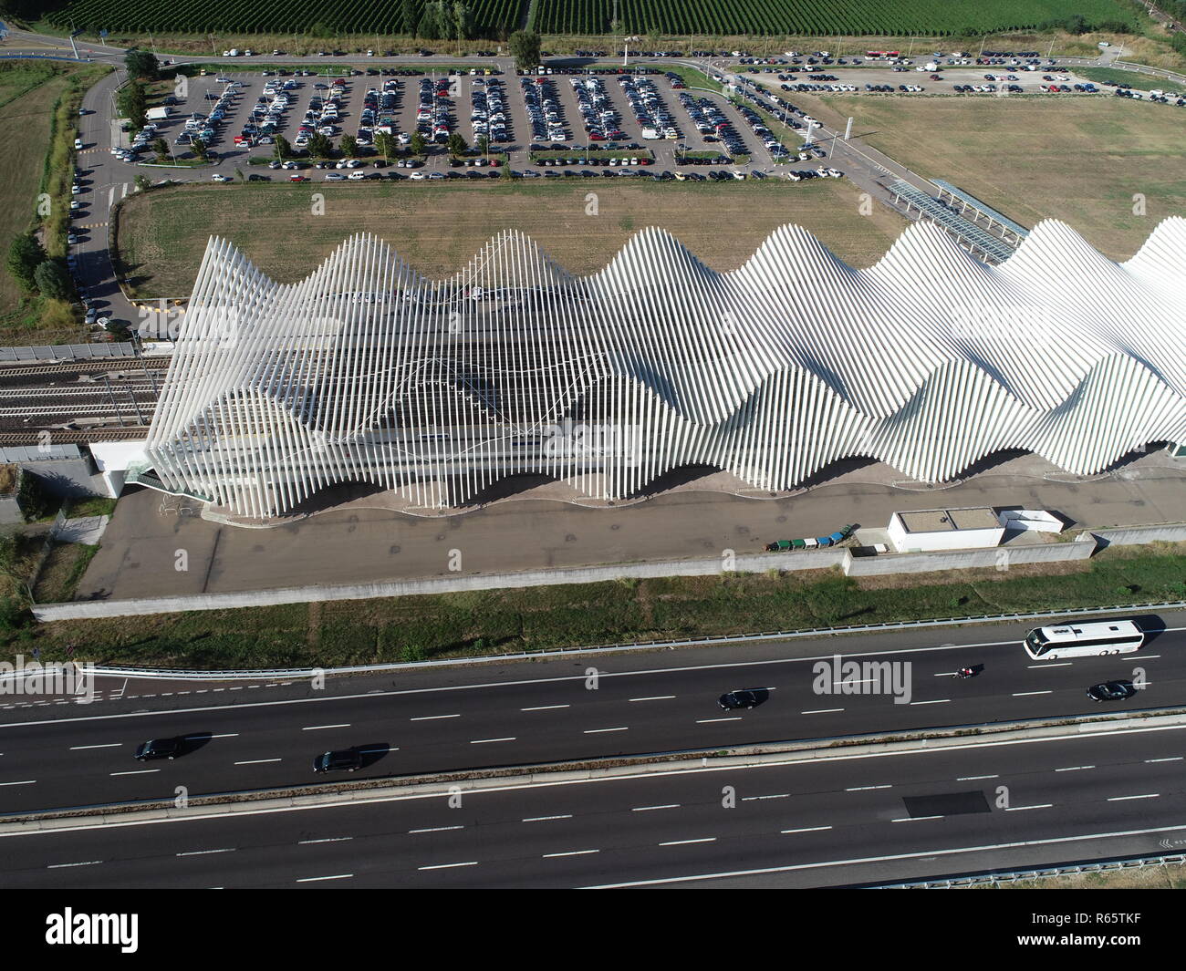 Aerial view of AV Mediopadana high speed railway station by Santiago Calatrava in Reggio Emilia, Italy Stock Photo