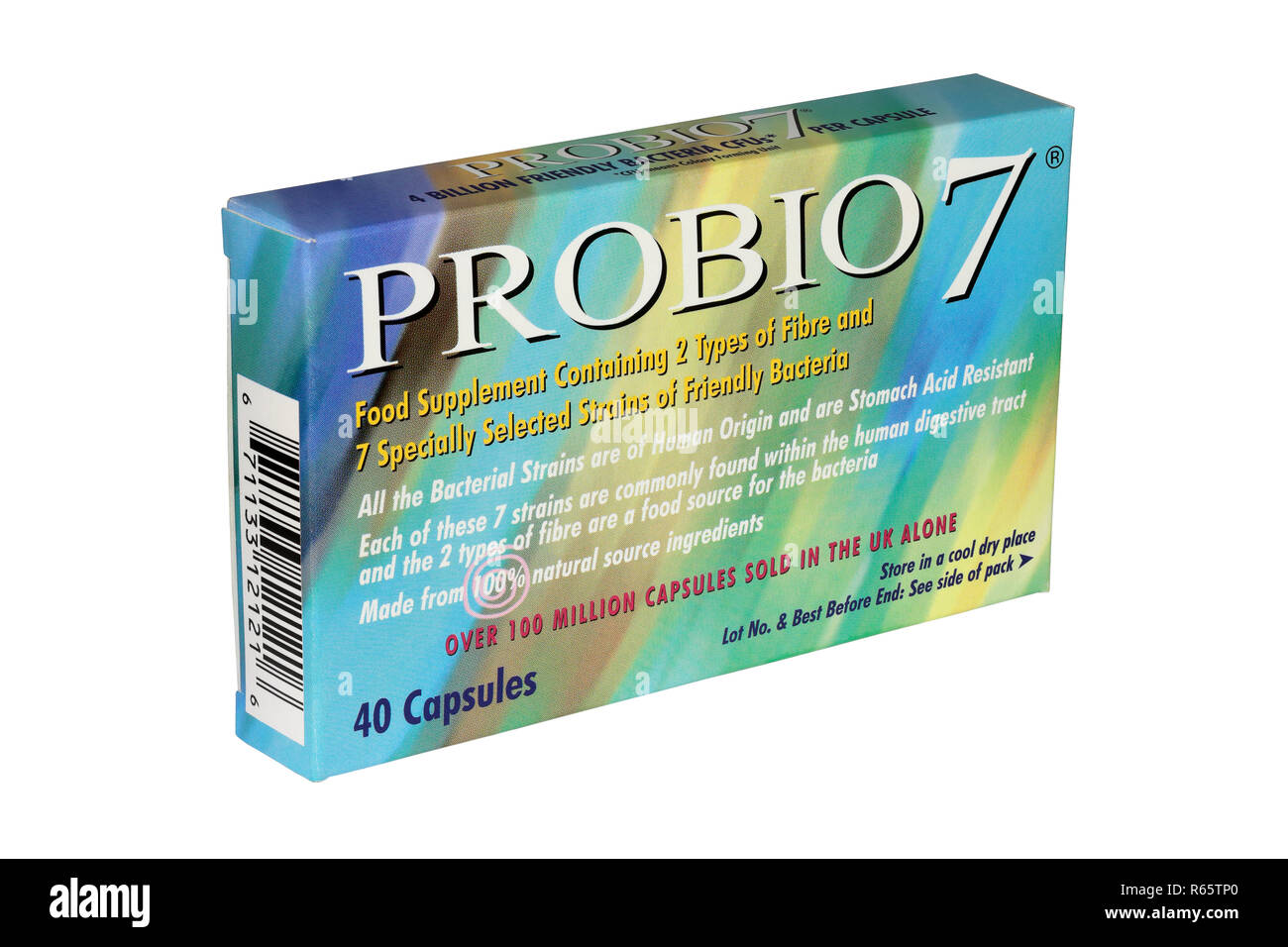 A pack of 40 Probio7 Probiotic food supplement capsules to restore seven strains of human digestive tract bacteria, each capsule containing 4 billion  Stock Photo