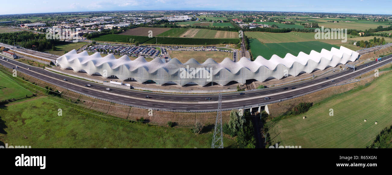 Aerial view of AV Mediopadana high speed railway station by Santiago Calatrava in Reggio Emilia, Italy Stock Photo