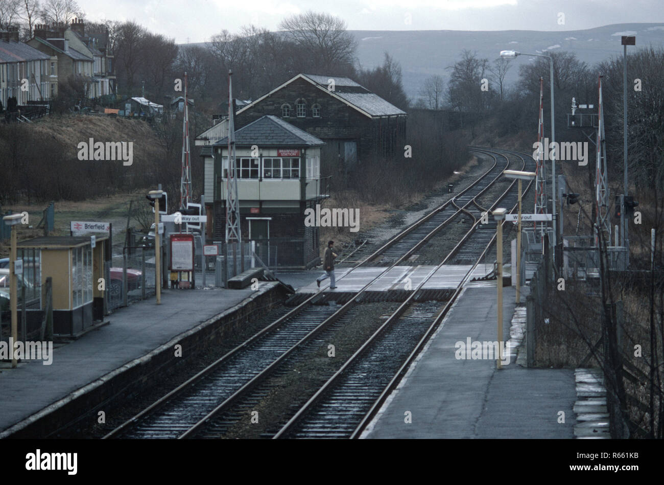 Brierfield station level crossing and signal box on the British Rail Preston to Colne railway line, Lancashire, Great Britain Stock Photo