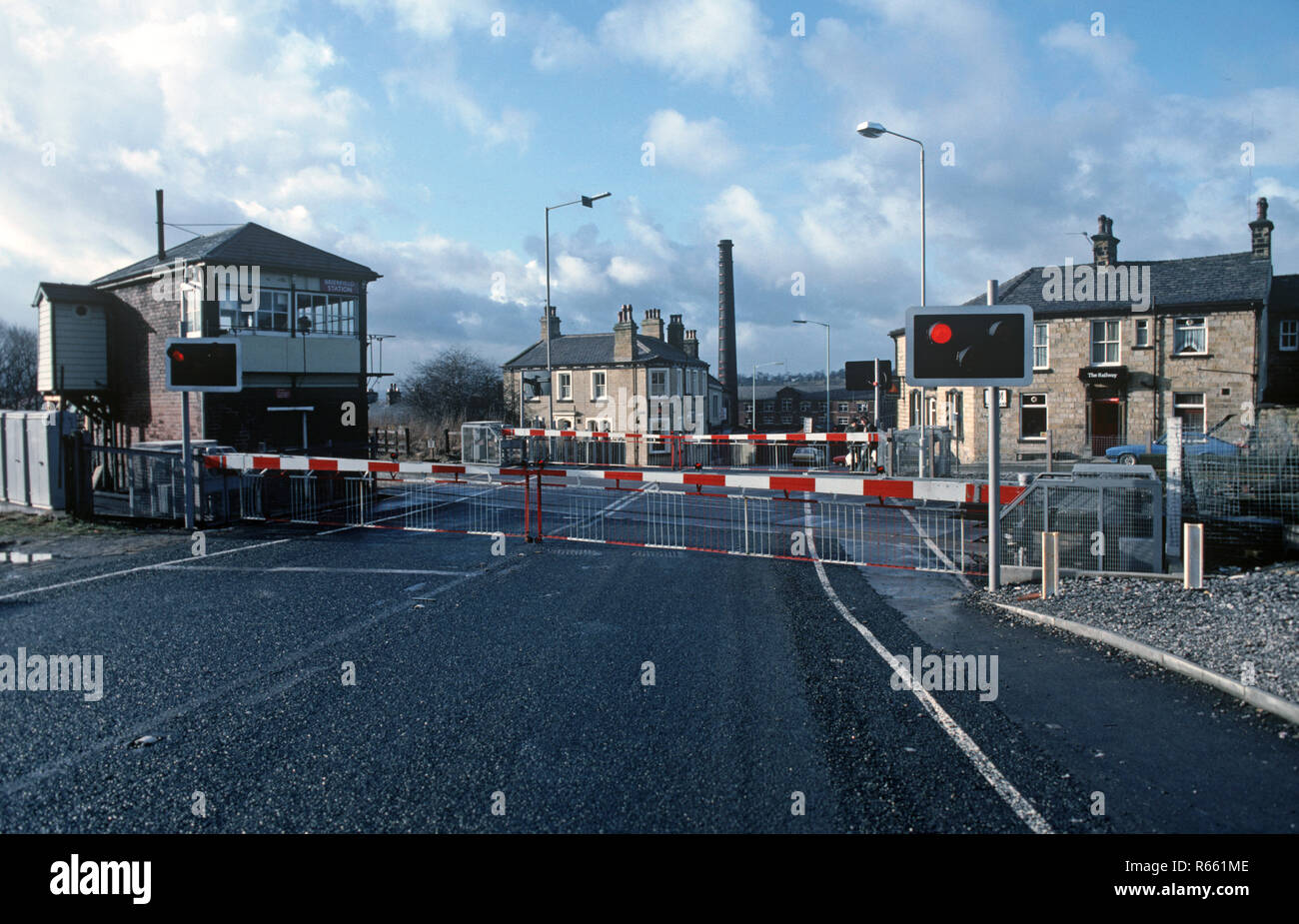Level crossing at Brierfield Station on the British Rail Preston to Colne railway line, Lancashire, Great Britain Stock Photo