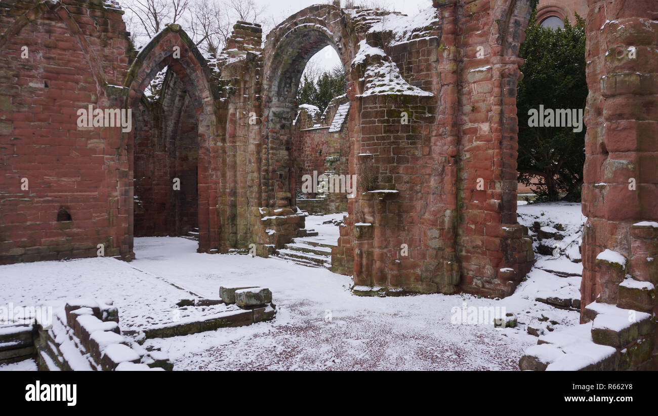 Winter snowfall adds another dimension to the ancient ruins. Stock Photo