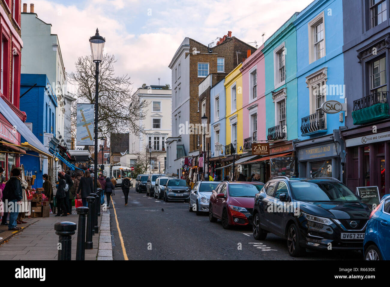 Colourful Houses and Shops, Portobello Road, Notting Hill Stock Photo