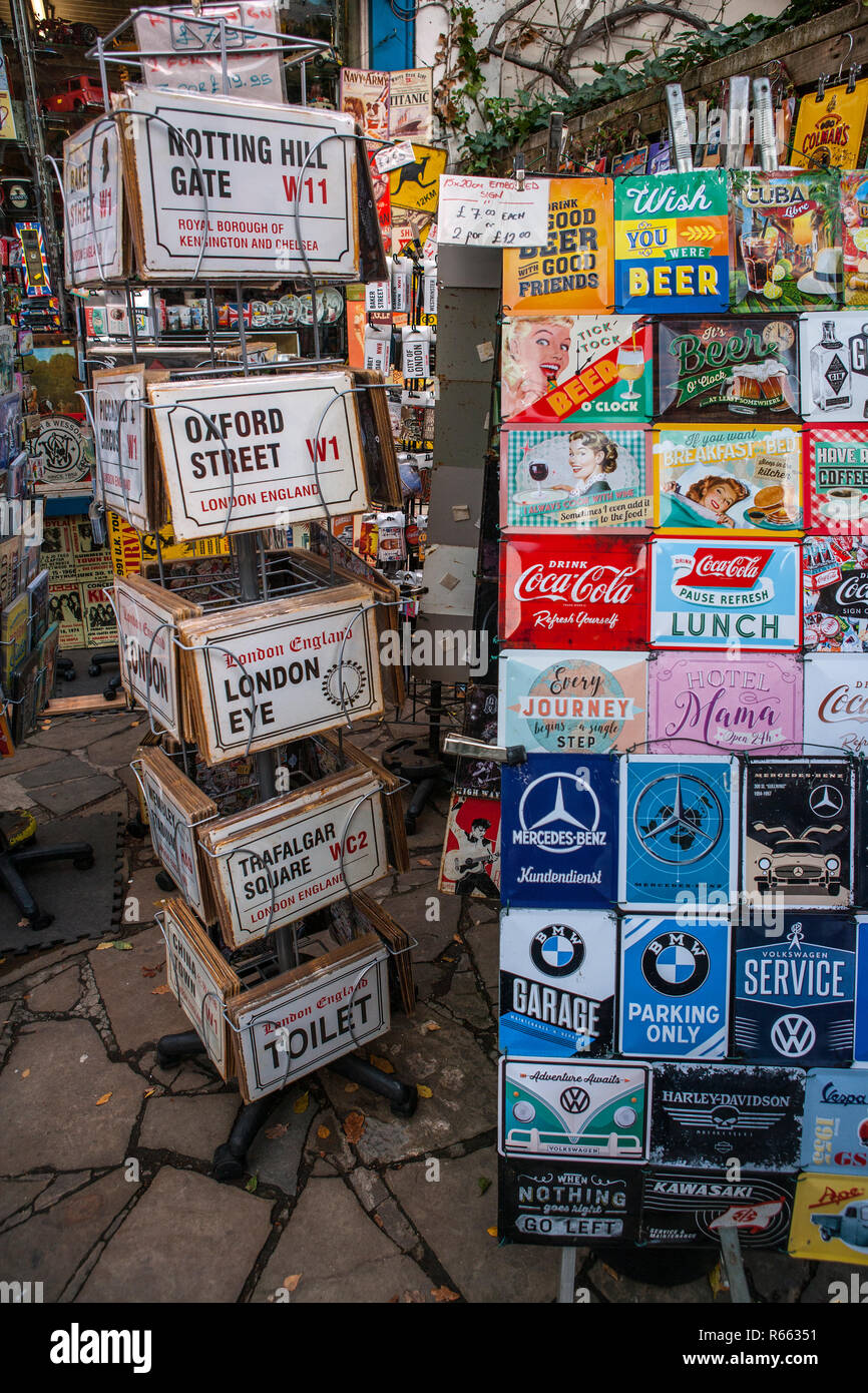 Stands of London Memorabilia and Embossed Signs, Portobello Road, Notting Hill Stock Photo