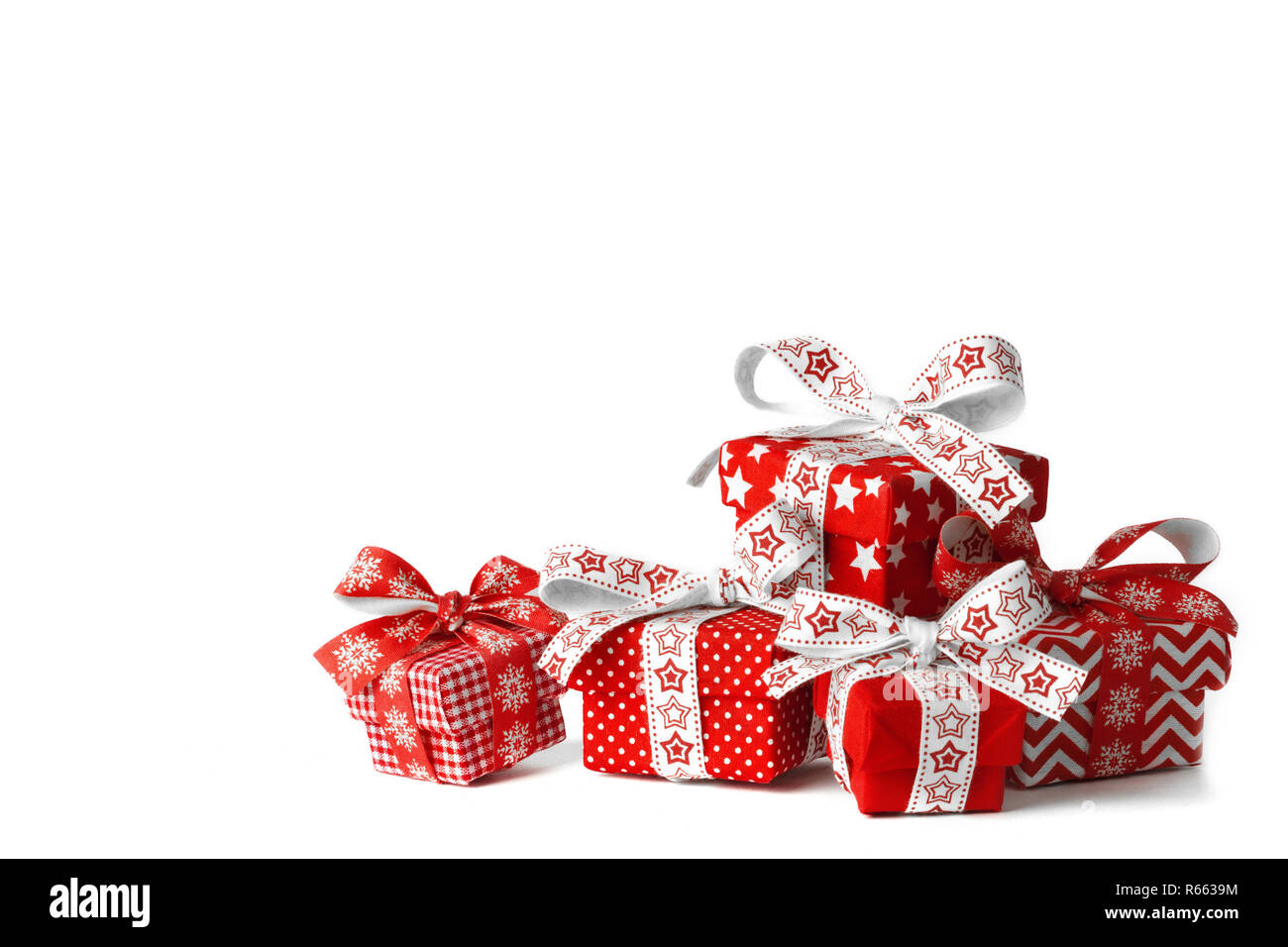 Five christmas gift boxes on white background Stock Photo